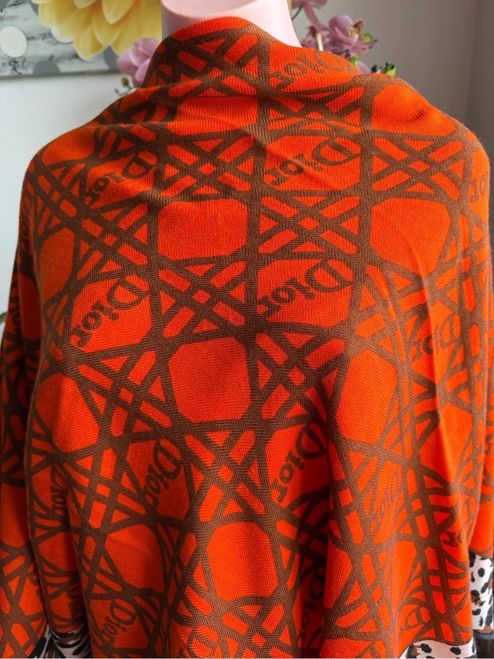 Dior Orange and Brown Logo Pattern Wool/Silk/Cashmere blend Scarf.